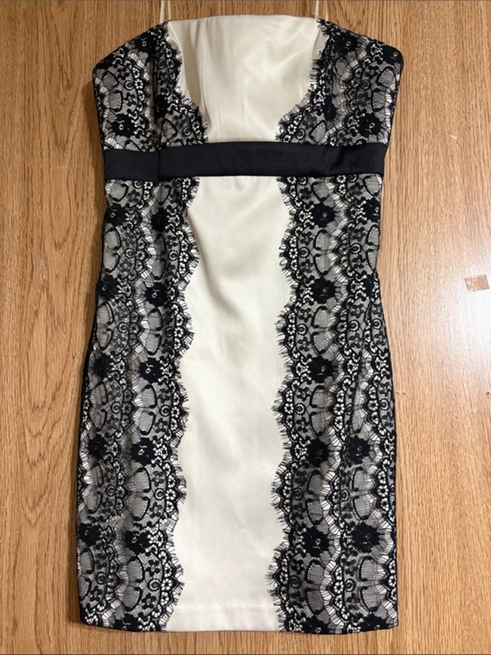 Max & Cleo Strapless Ivory Dress with Black Lace Overlay